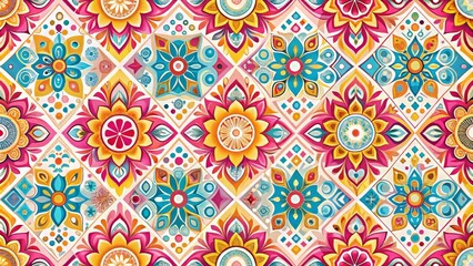 Vibrant and playful geometric patterns in shades of pink, yellow, blue, and orange create a lively and energetic wallpaper design on a white background.