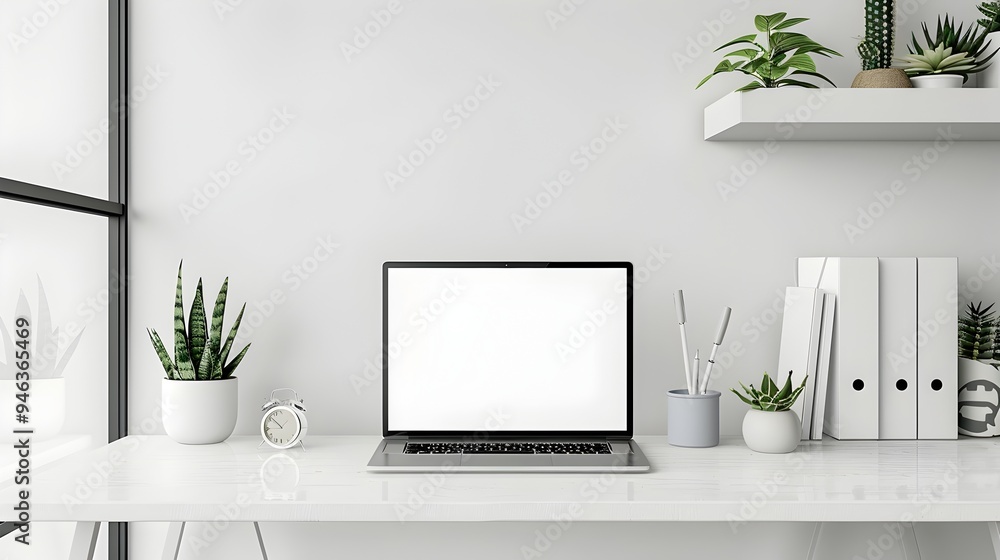 Poster minimalist white desk setup with sleek laptop and modern decor for tech product mockups and backgrou