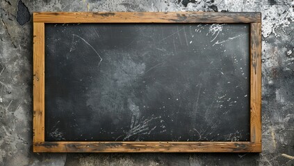 Dark slate blackboard with a natural wooden frame set against a cool silver background, perfect for educational mockups Space for design on the right