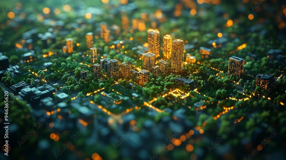 Poster a detailed holographic map displays the urban landscape's green spaces, emphasizing illuminated stru
