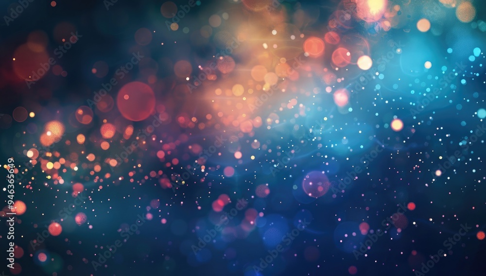 Poster abstract background with multicolored glowing particles and bokeh lights on a dark blue background