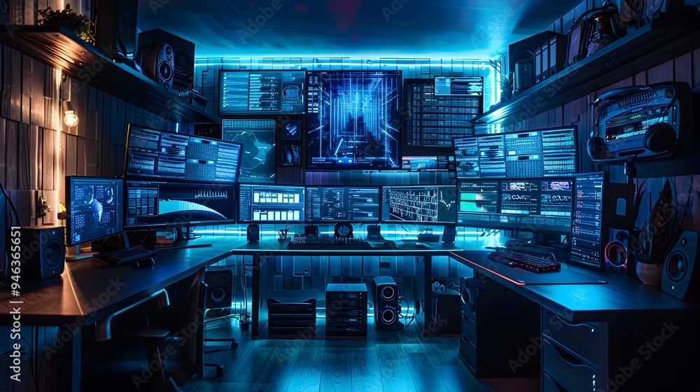 Poster high tech office desk with futuristic gadgets and screens for software mockups and concepts