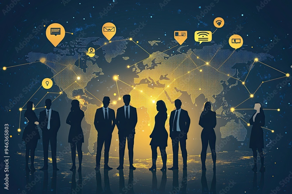 Poster a group of businesspeople standing in front of a world map, with yellow lines connecting them to dif