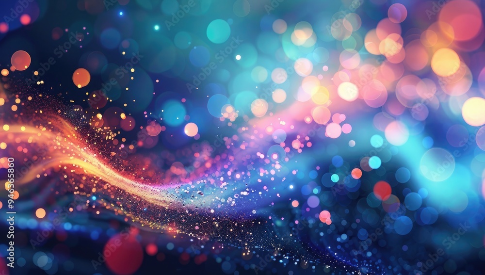 Poster abstract background with multicolored glowing particles and bokeh lights on a dark blue background