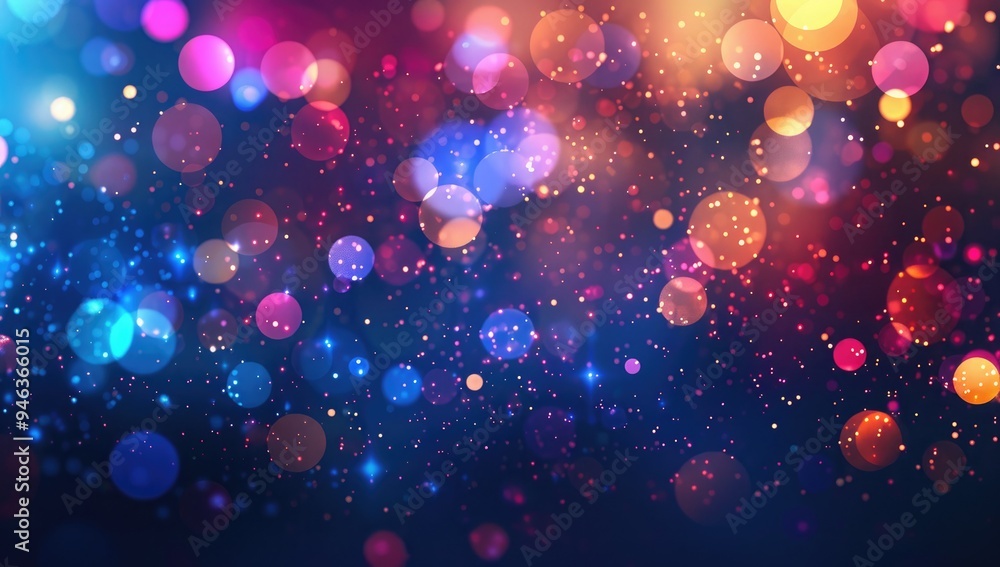 Poster abstract background with multicolored glowing particles and bokeh lights on a dark blue background