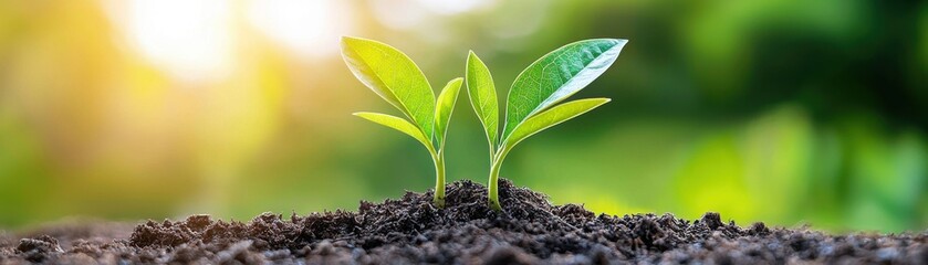 New Life in Golden Light: Two vibrant green saplings sprout from rich, fertile soil, bathed in the warm glow of sunrise. 