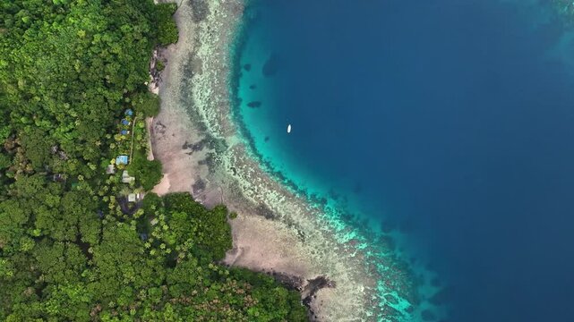 Aerial view of abstract turquoise reef surrounding a beautiful island, Fiji location, Oceania.