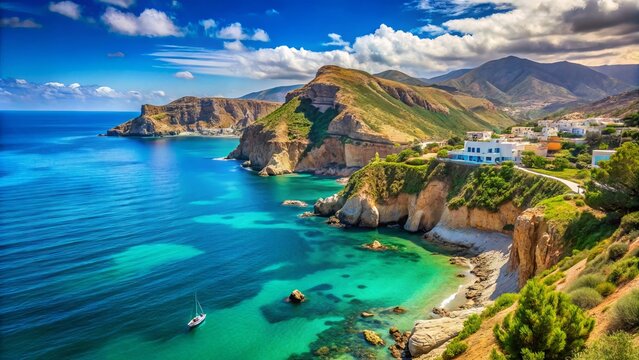 Vibrant blue waters of the Mediterranean Sea lap against the rugged coastline of Al Hoceima, Morocco, surrounded by scenic mountains and lush greenery.