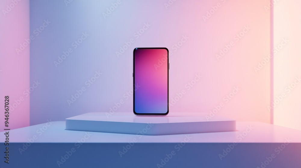 Aufkleber smartphone on a white platform against a gradient background
