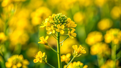 Yellow rapeseed field in the field and picturesque sky with white clouds. Blooming yellow canola flower meadows. Rapeseed crop in Ukraine.