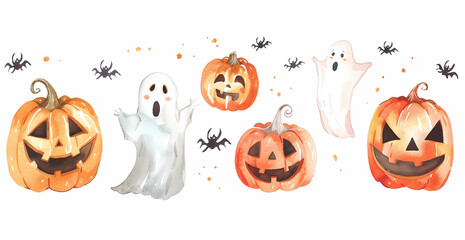 Watercolor Jack-o'-Lanterns with Floating Ghosts on White Background