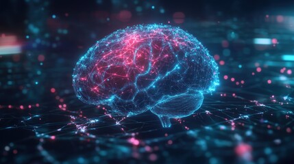 A digital, wireframe representation of a human brain with glowing nodes