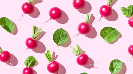 A pattern of radishes with a green leaf