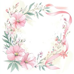 Obraz premium Delicate floral frame featuring pink flowers and green leaves, perfect for invitations or greeting cards.