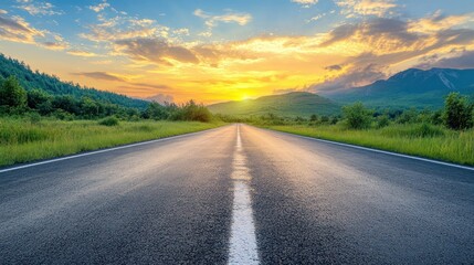 Fototapeta premium View of a long straight deserted asphalt road with the evening sun sky background wallpaper AI generated image