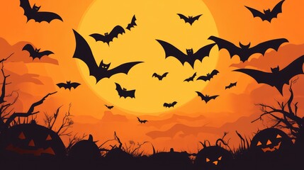 Modernized Halloween design with clean-lined bats and pumpkins, using contrasting colors for visual impact.