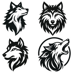 Fototapeta premium Wolf head designs, vector illustration, black and white silhouettes, perfect for logo design