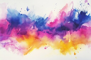 Vibrant watercolor abstract artwork featuring a blend of pink, purple, and yellow hues on a white background.