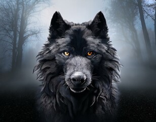 Lobo enfurecido, en mitad del bosque, con niebla