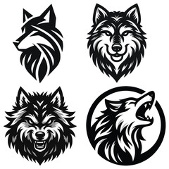 Vector wolf illustrations, black and white, fierce and majestic on white background, perfect for logos
