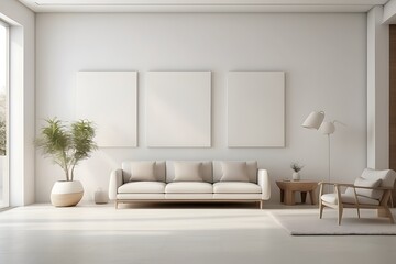 Fototapeta premium Modern living room, Scandinavian home interior design with comfortable white sofa and wooden floor and table and plants, white walls, cozy carpet, mockup framed.
