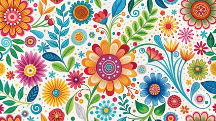 Vibrant colorful floral pattern featuring playful swirling shapes, stylized blooms, and whimsical accents on a white background, evoking feelings of joy, energy, and creative freedom.