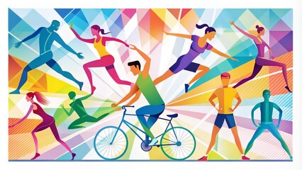 Vibrant colorful icons depicting various group exercise activities, including yoga, cycling, swimming, and running, set against a white background with bold lines and geometric shapes.