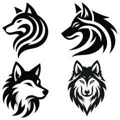 Wolf head illustrations, black and white stylized vector set, perfect for logo or branding