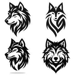 Obraz premium Abstract wolf and fox head vector illustrations, black and white, isolated on white background for branding or tattoos