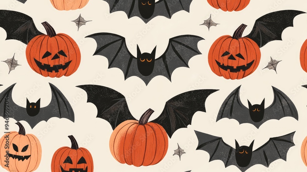 Fototapete stylized halloween pattern with graphic bats and oversized pumpkins in a trendy, muted color scheme.