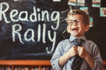 Delighted boy with glasses, tie fluttering, in front of a Reading Rally chalkboard in a classroom