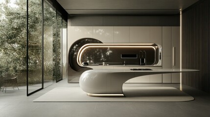 Modern Kitchen Interior with White Island Countertop and Curved Backsplash