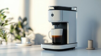 Modern White Coffee Maker Brewing a Cup of Coffee