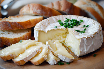 Soft brie cheese with a white rind, partially sliced to reveal the creamy interior, served with fresh baguette slices.