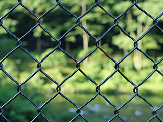 Fototapeta premium A close-up of a chain-link fence with a green, nature-filled background, blending the rigid structure with the softness of the natural surroundings.