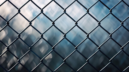 Fototapeta premium A close-up of a chain-link fence with a cool blue tint, capturing the sleek, modern pattern and structure, with an abstract, urban feel.