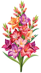 Obraz premium Vibrant Gladiolus Flower Illustration With Leaves- Colorful and detailed illustration of a gladiolus flower with vibrant petals and green leaves, capturing the essence of nature's beauty and elegance.