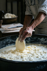 Fototapeta premium Traditional cheese-making process with a cheesemaker stirring curds in a large vat, in a rustic farmhouse kitchen.