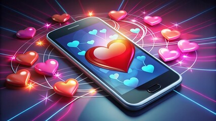 Vibrant digital hearts, arrows, and swooshes surround a smartphone with a stylized online dating app interface, symbolizing modern love and technology's role in relationships.