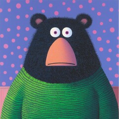 Fototapeta premium A Whimsical Bear Character Wearing a Cozy Green Sweater Set Against a Polka Dot Background