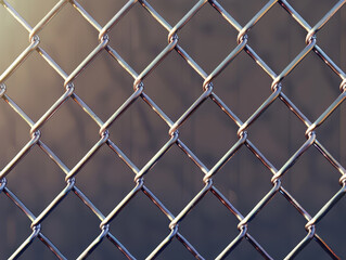 Fototapeta premium A close-up view of a chain-link fence with sunlight casting a subtle glow, highlighting the clean, geometric lines of the metal structure.