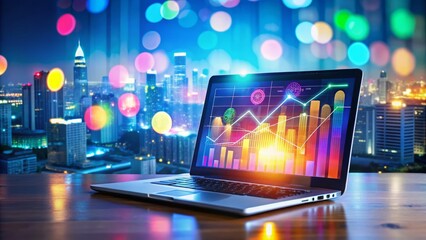 Vibrant digital illustration of a stylized laptop displaying a colorful infographic, surrounded by coding symbols, graphs, and charts, on a blurred cityscape background.