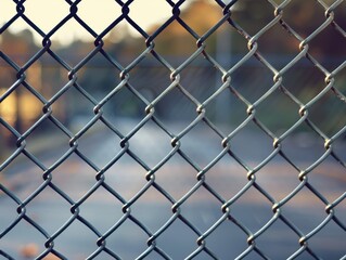 Naklejka premium A close-up view of a chain-link fence with urban street in the background and sunlight casting a subtle glow