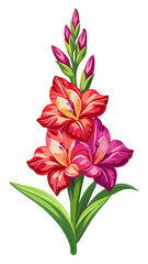 Vibrant Gladiolus Flower Illustration With Leaves- Colorful and detailed illustration of a gladiolus flower with vibrant petals and green leaves, capturing the essence of nature's beauty and elegance.