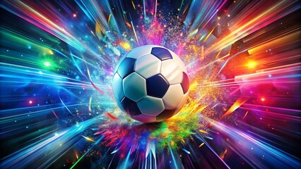 Naklejka premium Vibrant digital illustration of a soccer ball bursting with dynamic kinetic energy, surrounded by abstract explosion of colors and geometric shapes, symbolizing speed and power.