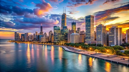 Obraz premium Vibrant evening skyline of Chicago's bustling downtown area featuring sleek skyscrapers, historic architecture, and Lake Michigan's shimmering waters along the curved shoreline.