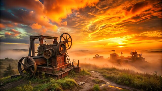 Vibrant, fiery red sunset hues suffuse the smoky atmosphere, casting an eerie glow on the abandoned, rusted industrial machinery amidst the hazy, misty landscape.