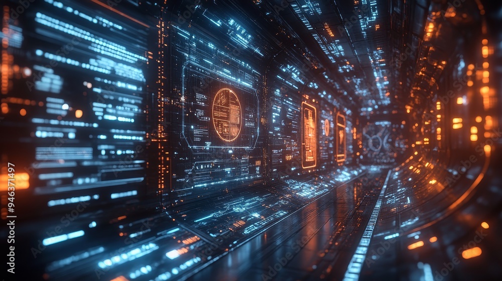Poster a holographic movie interface showcases trailers in a vibrant digital corridor, illuminated by glowi