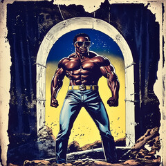 Muscular African American Action Hero in 1980s Comic Style