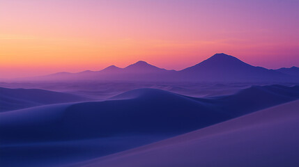 desert landscape at dusk with soft orange and purple hues rolling sand dunes and distant mountains serene and tranquil